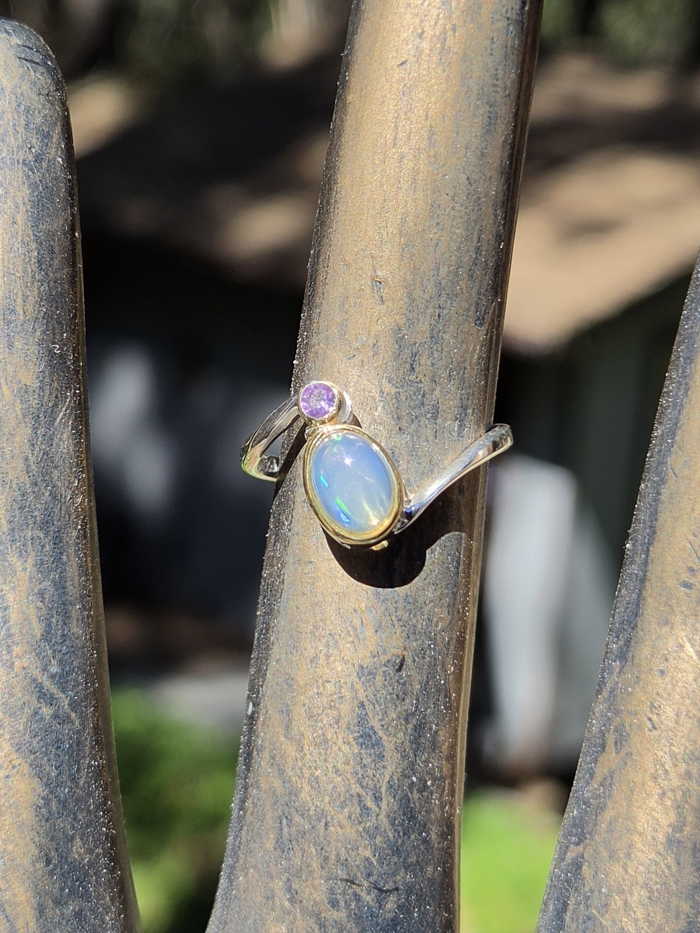 Opal & Amethyst Sterling & Gold Ring Sz6.5 - Picture 7 of 9